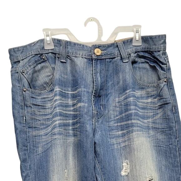 New Basic Code Mens 40X32 Cotton Factory Whiskered Distressed Faded Denim Jeans - Picture 3 of 5